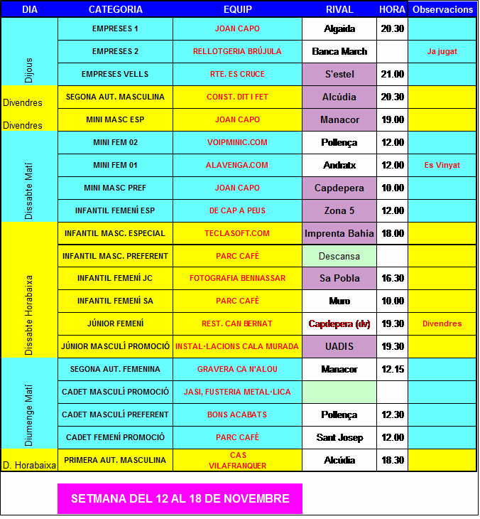 Horaris setmana CJC 1213