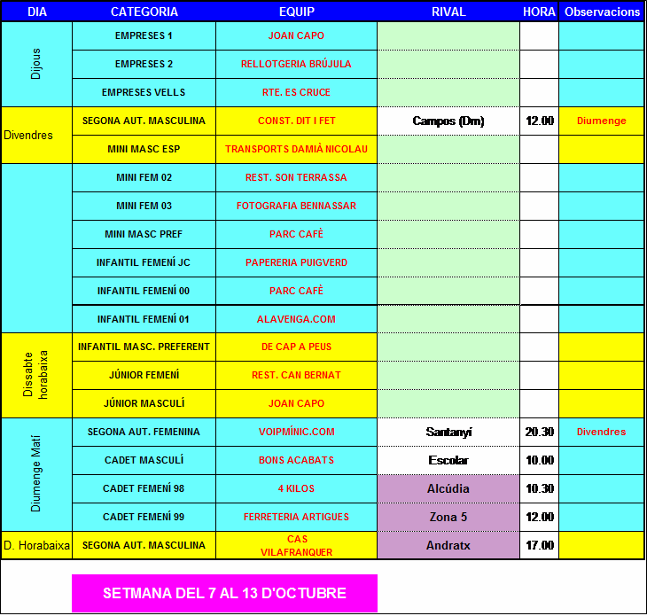 Horaris setmana